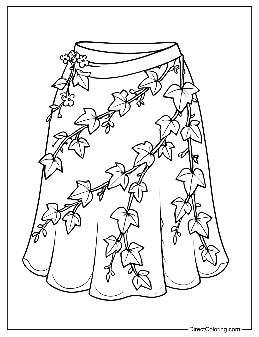 Coloring page for a skirt wrapped in ivy, with small clusters of flowers around the waist